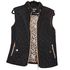 LeeHanton Black Quilted Zip Vest Leopard Faux Fur Lined Women's Size XL